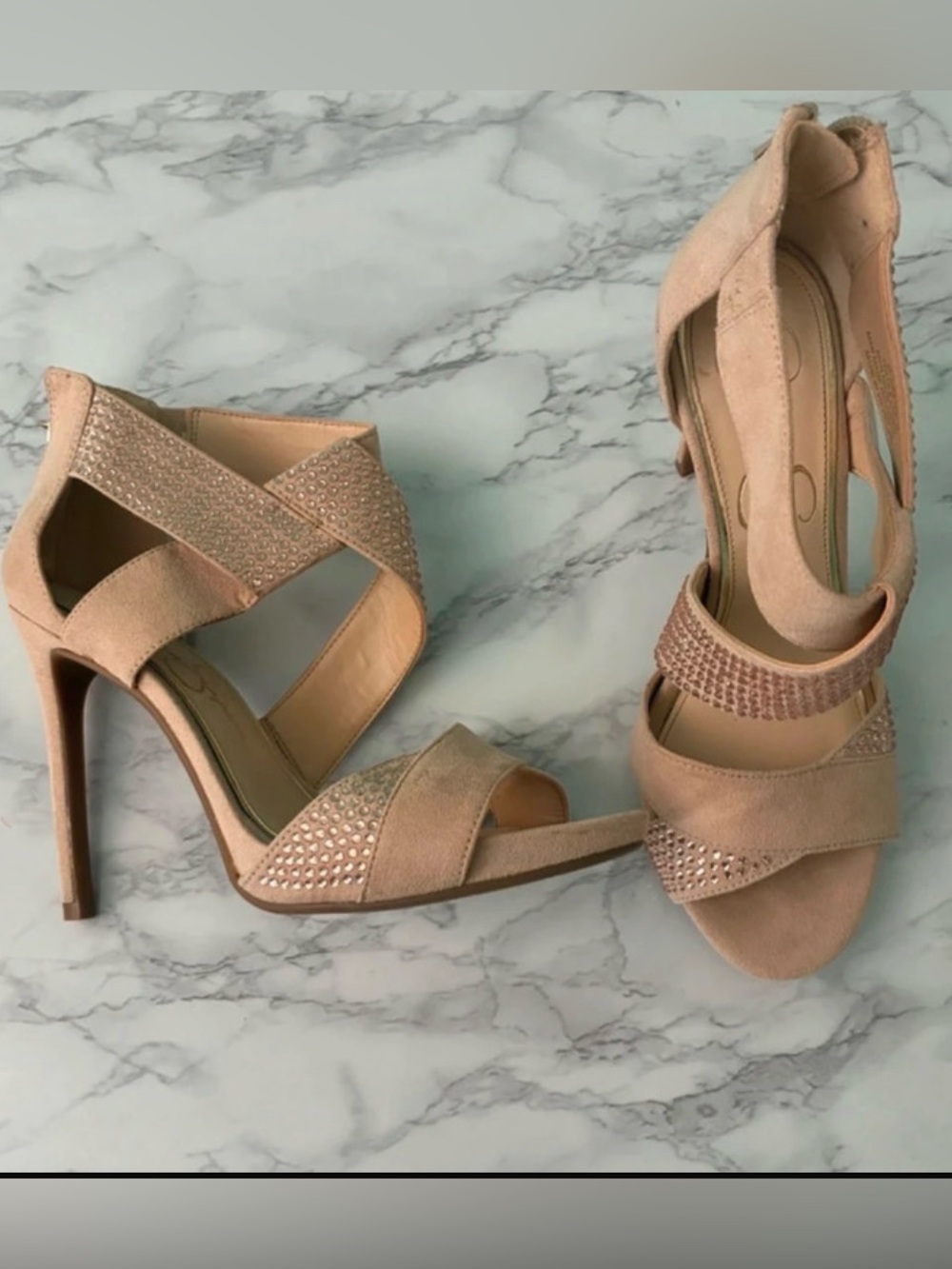 Jessica Simpson Nude/Tan Suede Strappy High Heels with Rhinestones